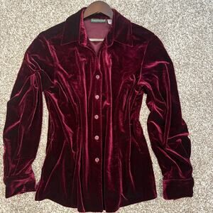 Harve' Bernard Burgundy Stretch Velvet Button Front Blouse Medium Dark Academia